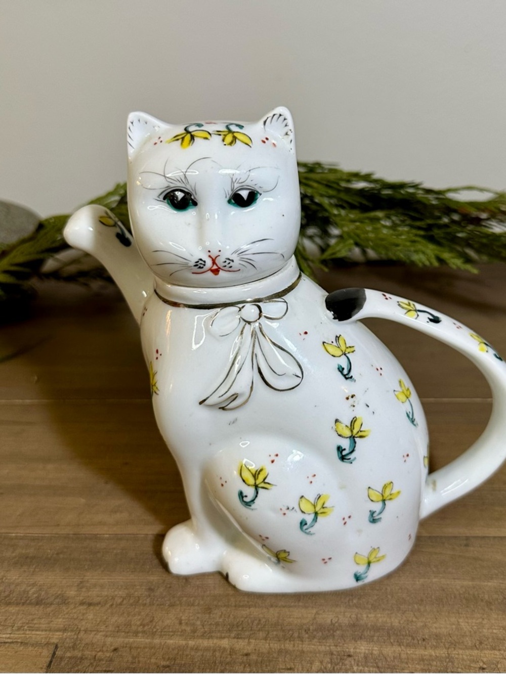 Vintage White Floral Ceramic “Lucky Paw” Cat Teapot - Yellow Flower